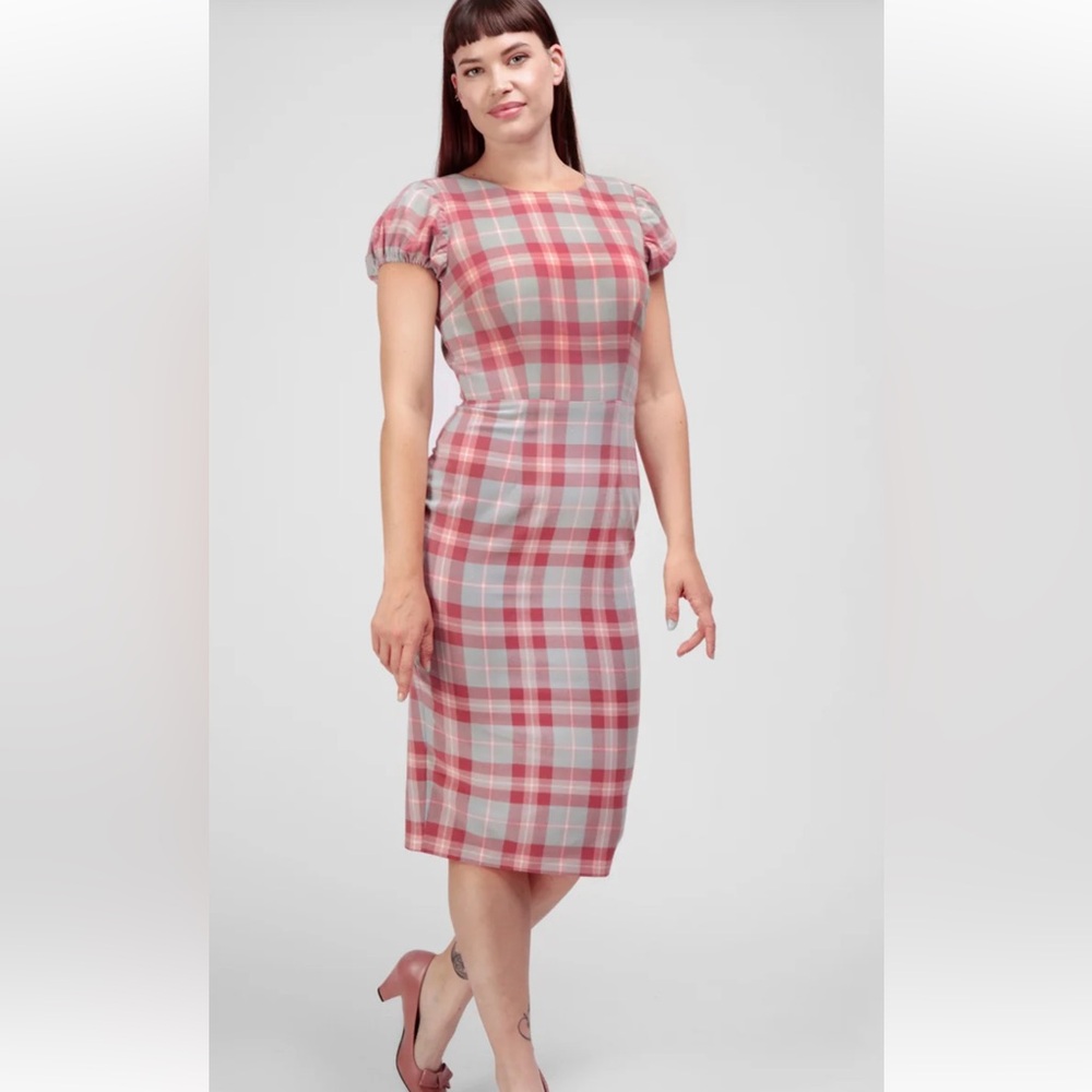 Collectif Classic Red and Gray Check Midi Dress EUC